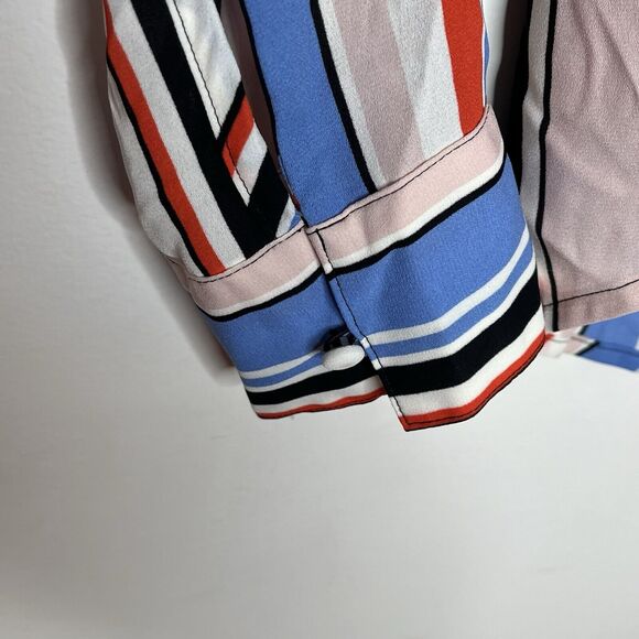 Express Portofino Slim Vertical Striped Ruffled Shirt Womens XS Career - Picture 7 of 9